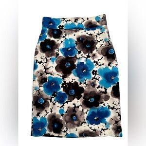 Paniz Fully Lined Floral Pencil Skirt Womens 4 Blue & Black Hidden Zipper
